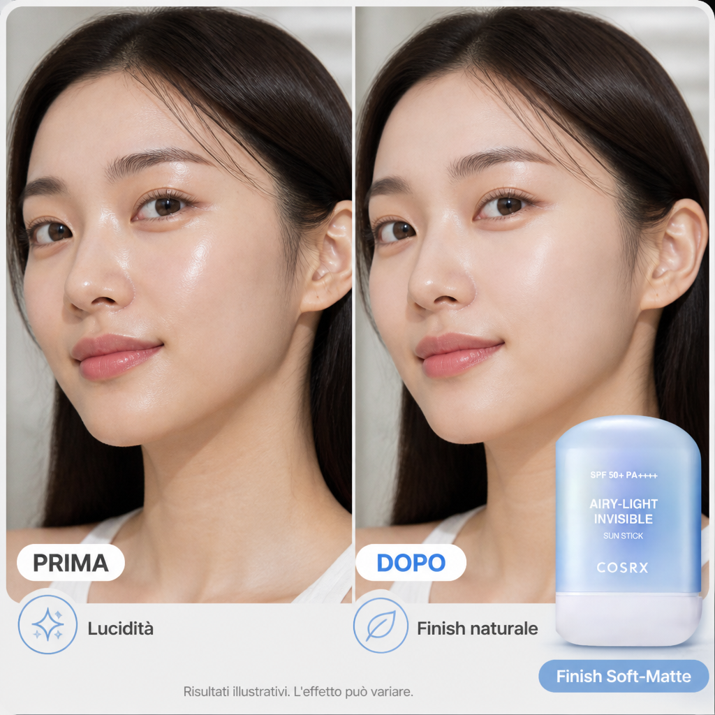 COSRX Airy-Light Invisible Sun Stick: prima e dopo il finish soft-matte