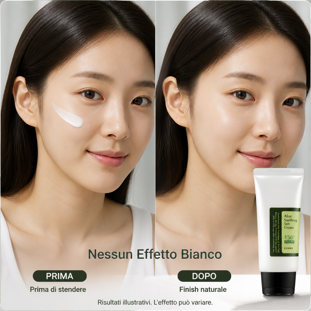 COSRX Aloe Soothing Sun Cream: prima e dopo senza effetto bianco