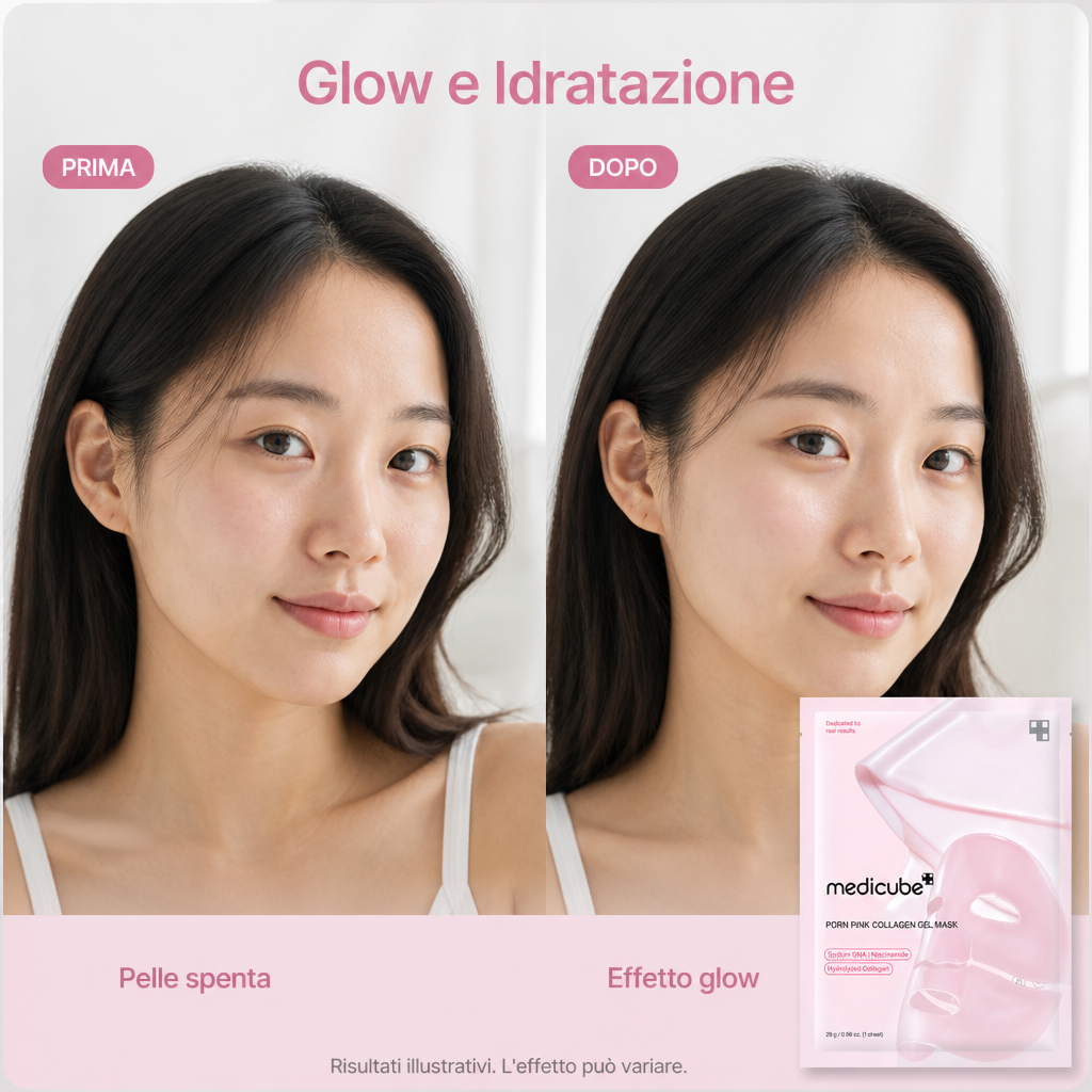 Medicube PDRN Pink Collagen Gel Mask: prima e dopo glow e idratazione